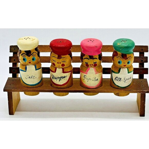 Wooden Vintage Spice Jars Park Bench Japan Salt Pepper Allspice Paprika 3 inch - Picture 1 of 12